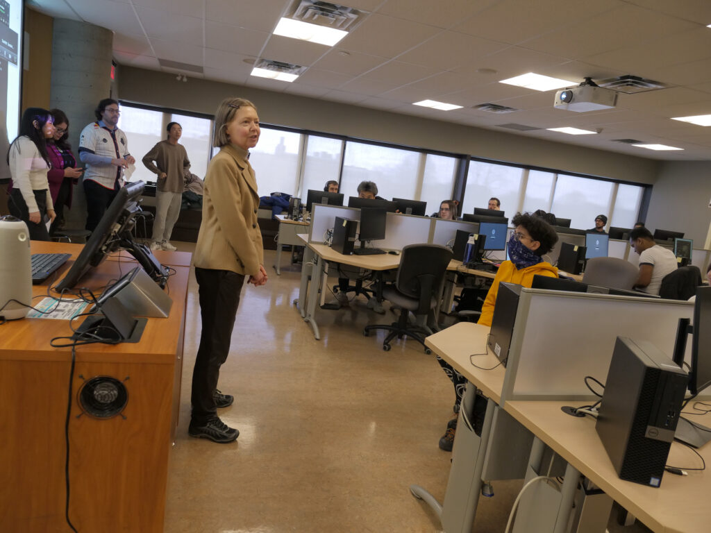 Hélène Carrier, Associate University Librarian, Learning and User Services, addresses students at the kick-off event. 